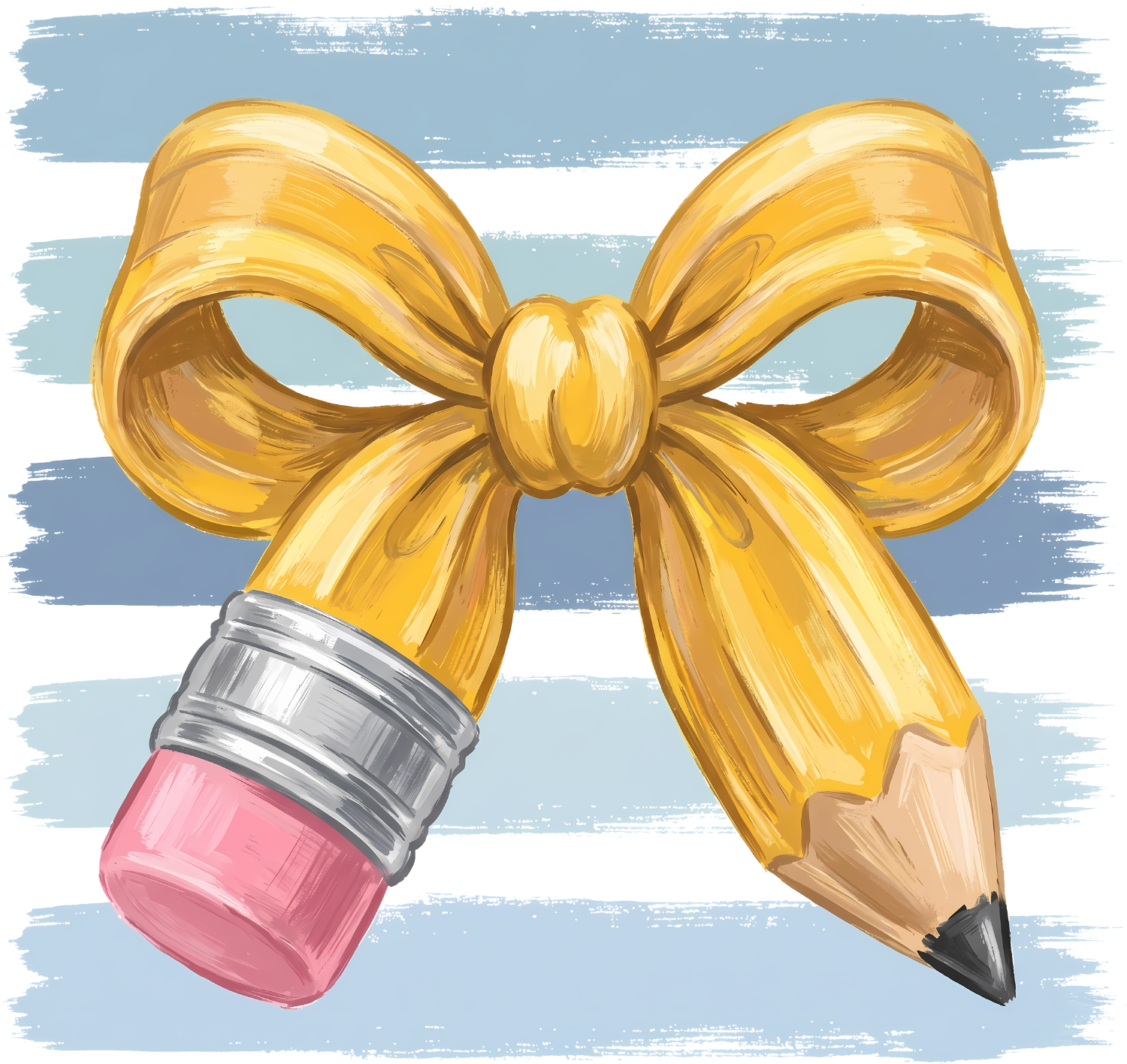 Golden bow with attached pencil eraser design, ready to press dtf transfer on striped blue background