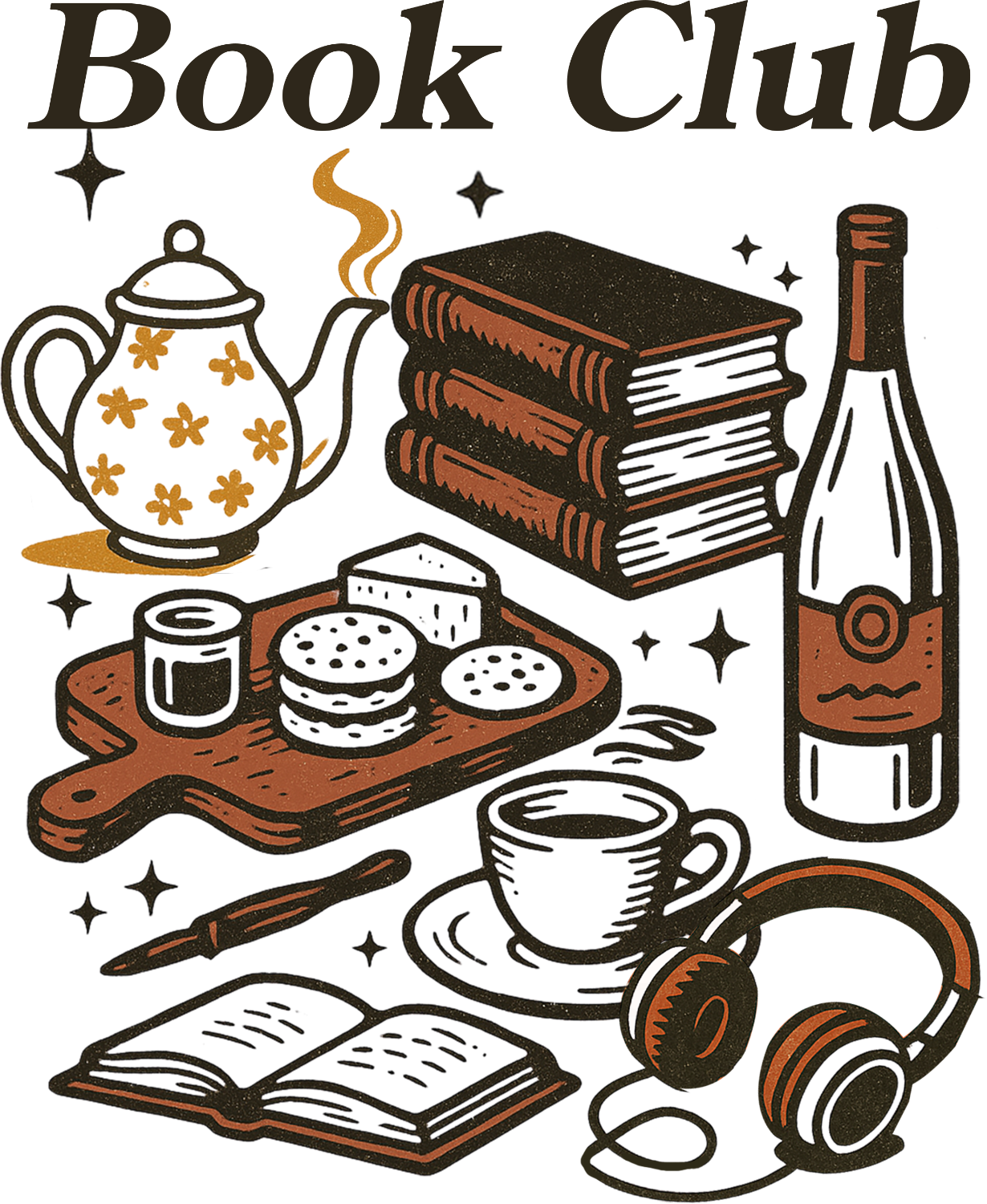 Vintage-style book club illustration with stacked books, teapot, wine bottle, and headphones—ready to press dtf transfer