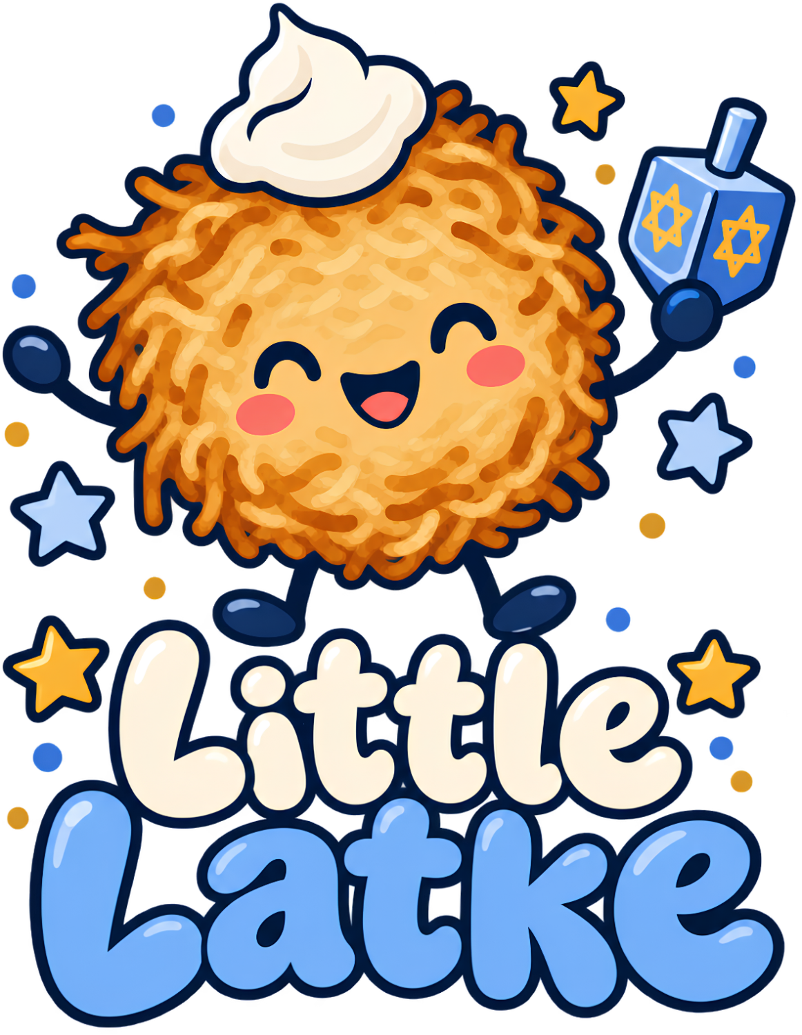 Smiling golden donut character with whipped cream top holding a dreidel, surrounded by stars, ready to press dtf transfer