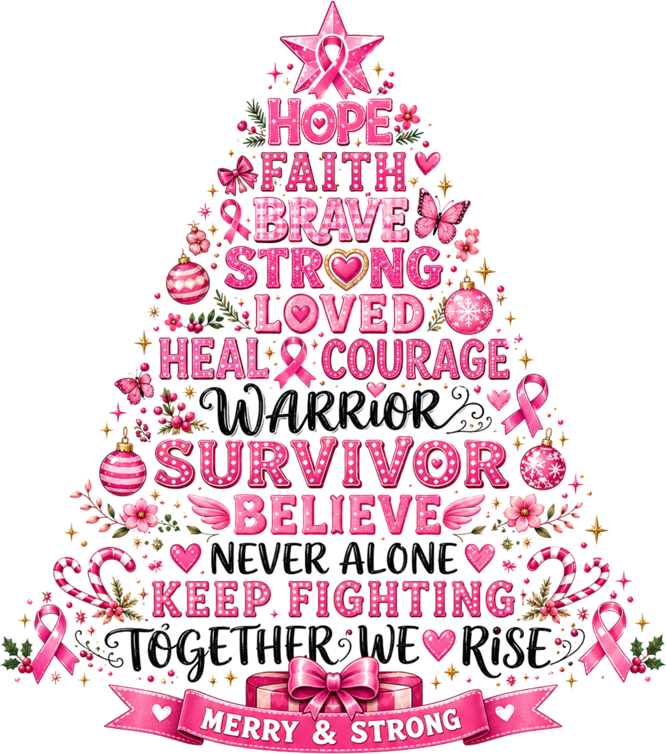 Pink breast cancer awareness Christmas tree design with ribbons, stars, and inspirational words ready to press dtf transfer