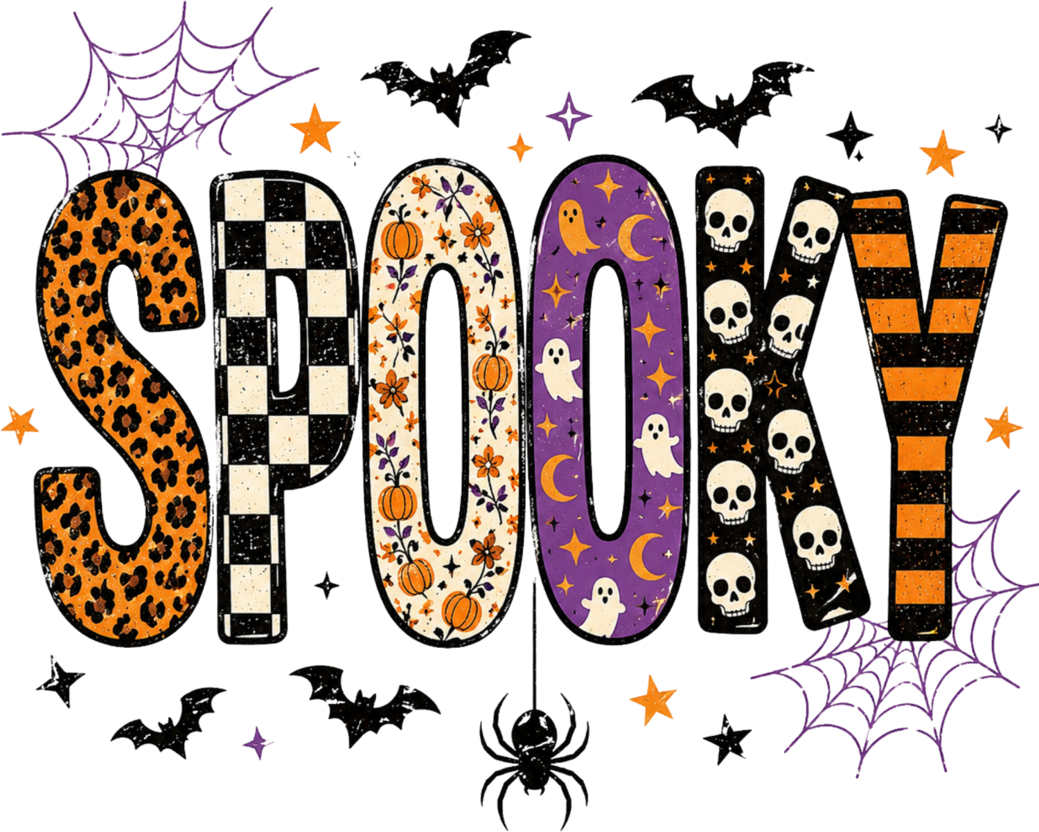 Colorful Spooky Halloween DTF transfer with leopard, plaid, floral, ghost and skull patterns ready to press dtf transfer