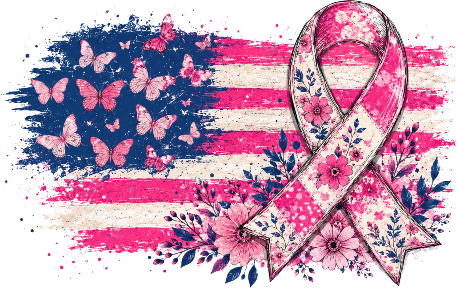 American flag with pink ribbons, butterflies, and flowers, ready to press dtf transfer design