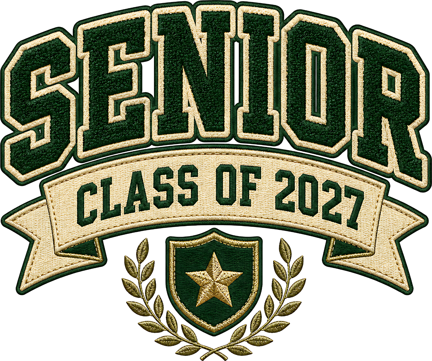 Ready to press DTF transfer featuring Senior Class of 2027 in bold green and gold varsity lettering with decorative star and laurel wreath emblem