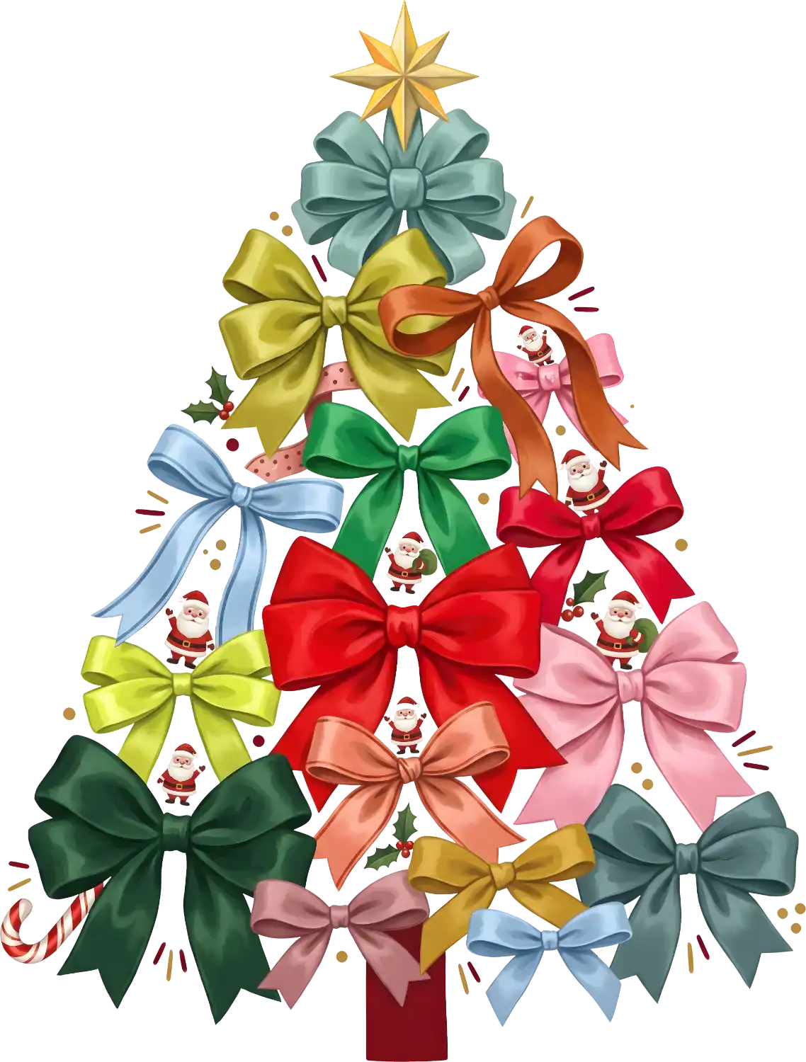 Colorful bow Christmas tree with gold star, candy canes, and Santa patterns ready to press dtf transfer