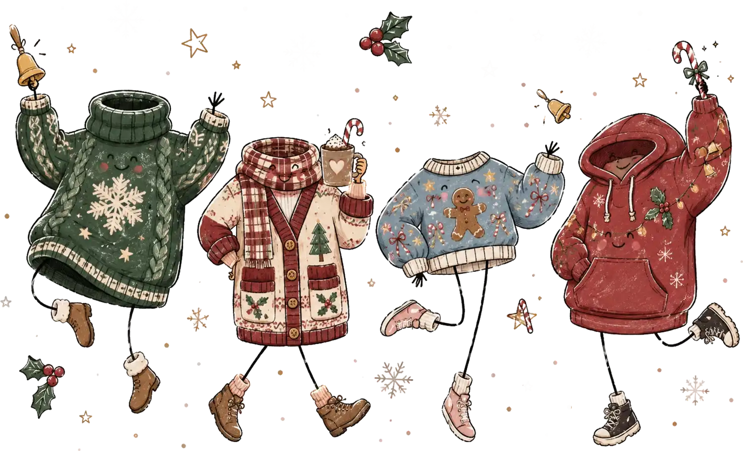 Four colorful dancing Christmas sweater characters with boots and bells, ready to press dtf transfer design with holiday decorations.