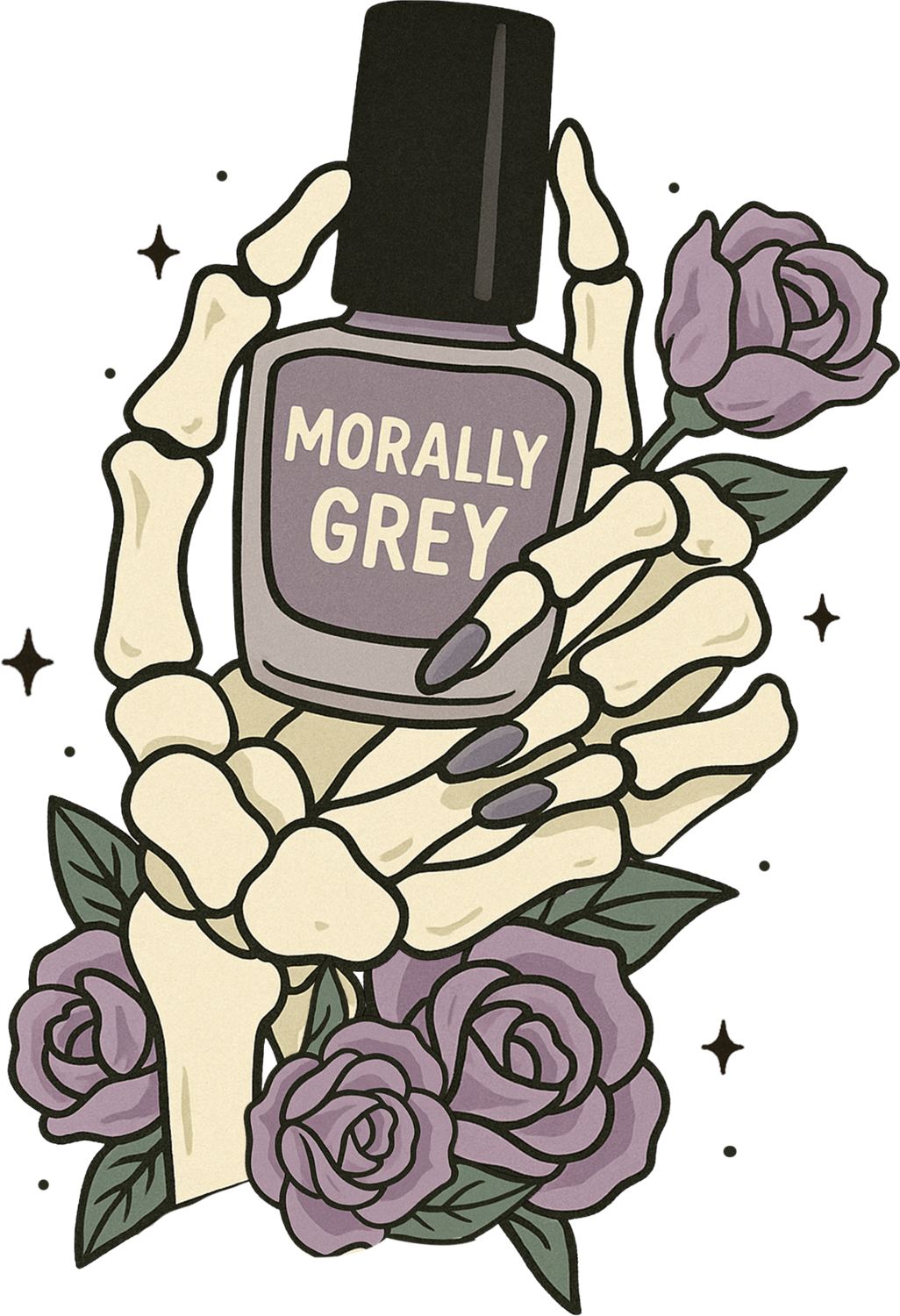 Skeleton hand holding morally grey nail polish bottle with purple roses, ready to press dtf transfer