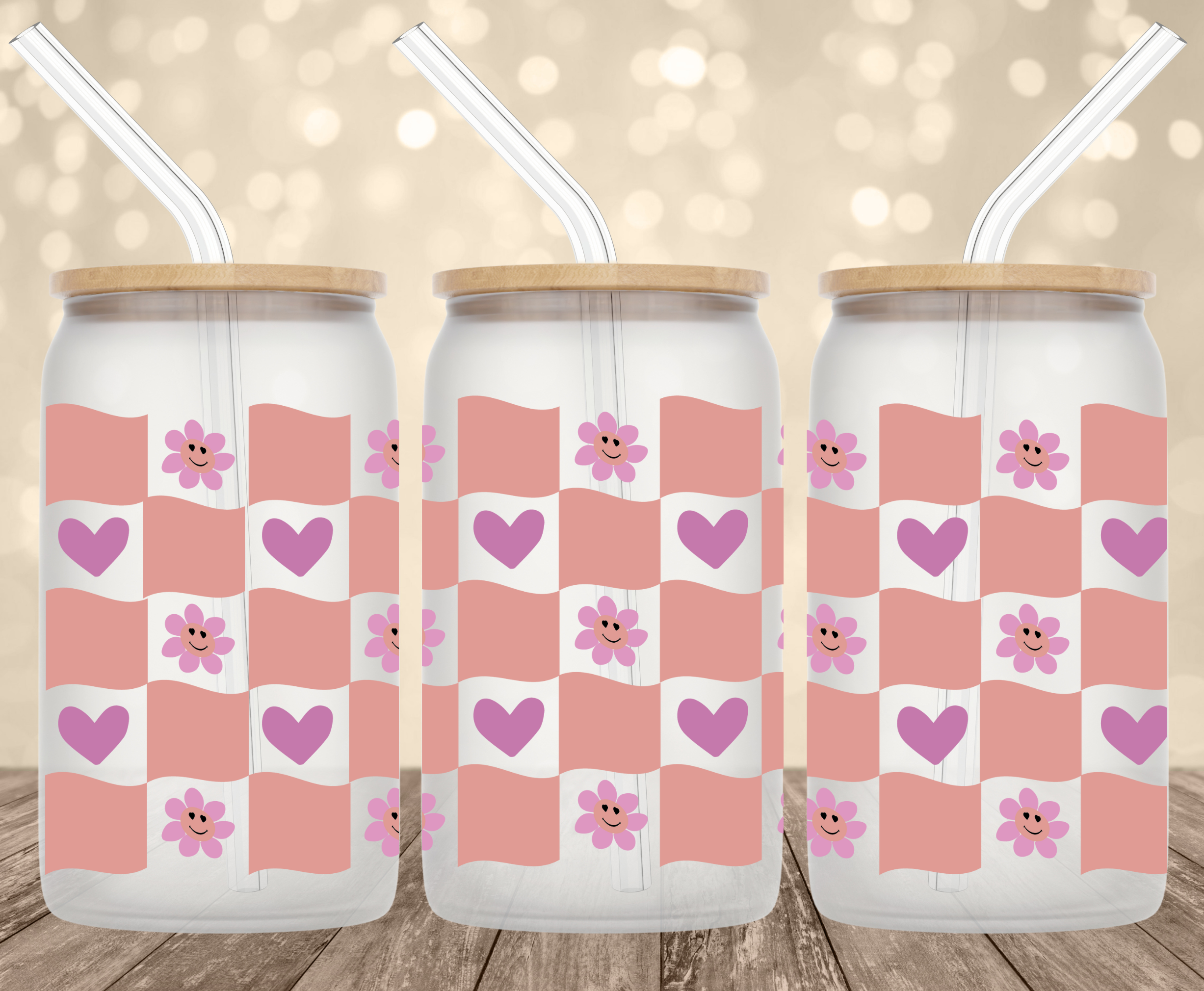 Checkered Hearts UV Transfer for 16 oz Glass Can Tumblers