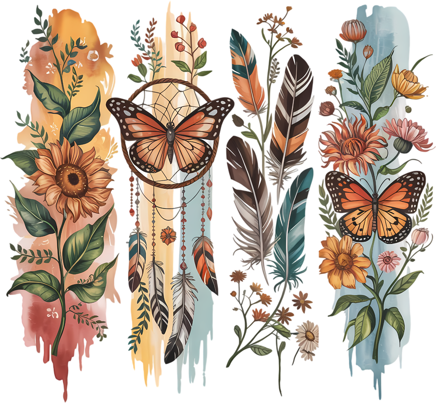 Four ready to press dtf transfer designs featuring boho butterflies, sunflowers, feathers, and wildflowers with watercolor backgrounds.
