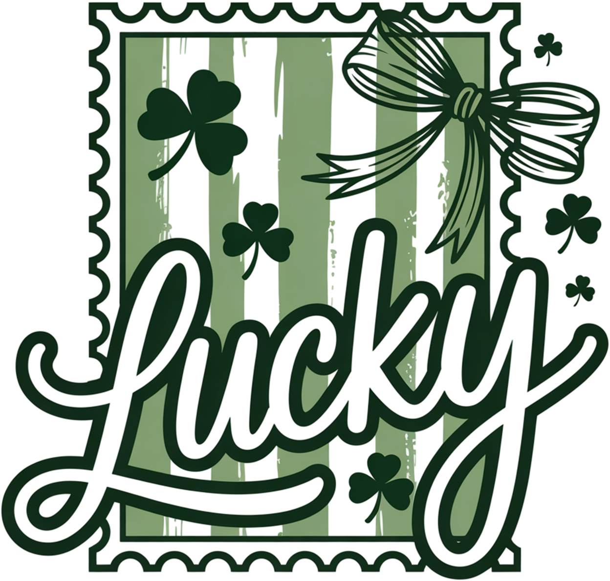Green and white striped St. Patrick's Day design with shamrocks and ribbon bow, ready to press DTF transfer