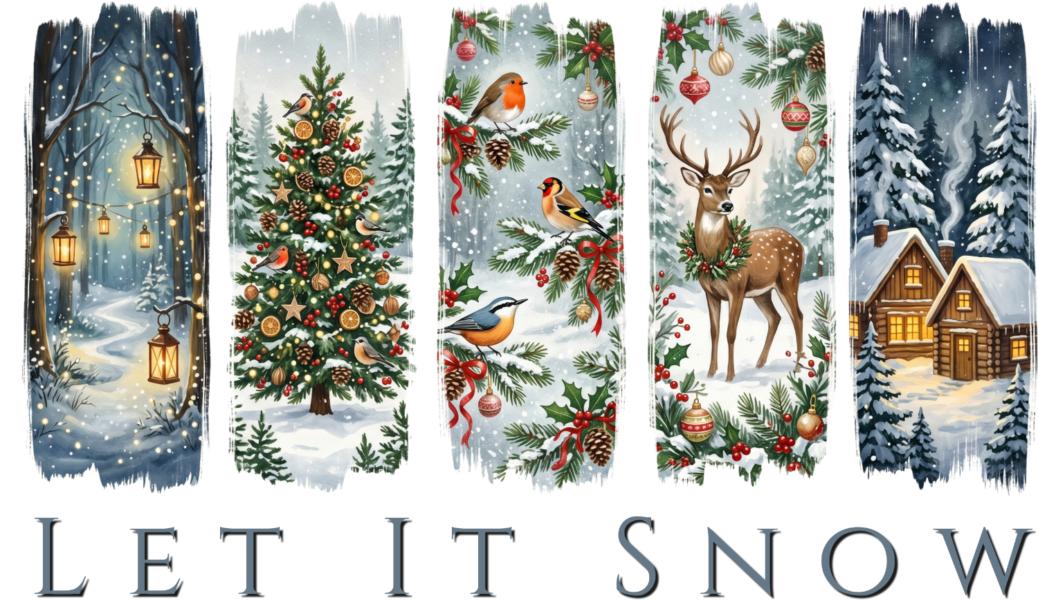 Five vertical winter-themed panels with snowy scenes, Christmas trees, robins, deer, and cabins - ready to press dtf transfer