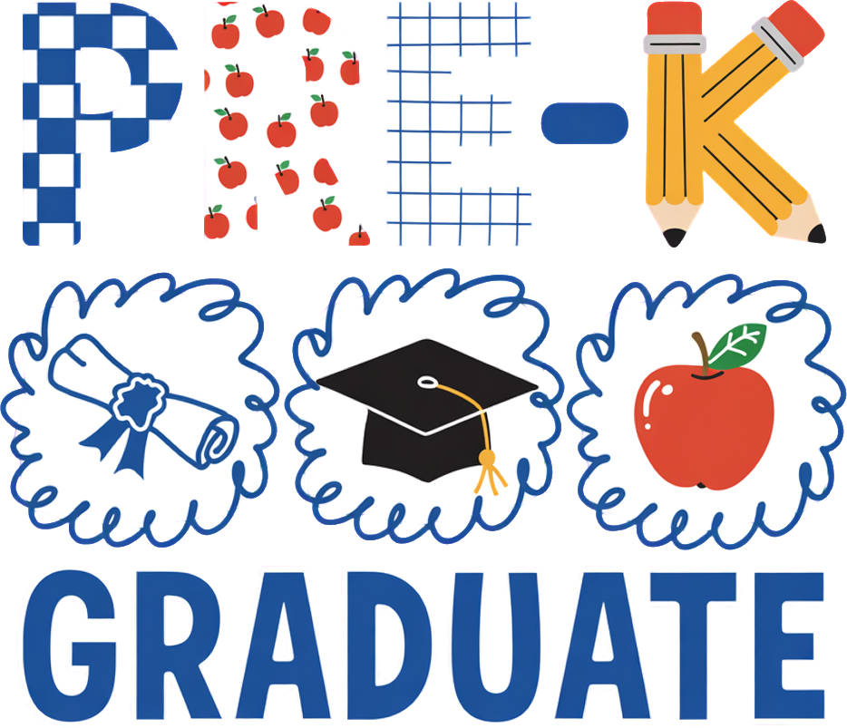 Colorful graduation-themed design with pencil, apples, grid, and mortarboard, ready to press dtf transfer