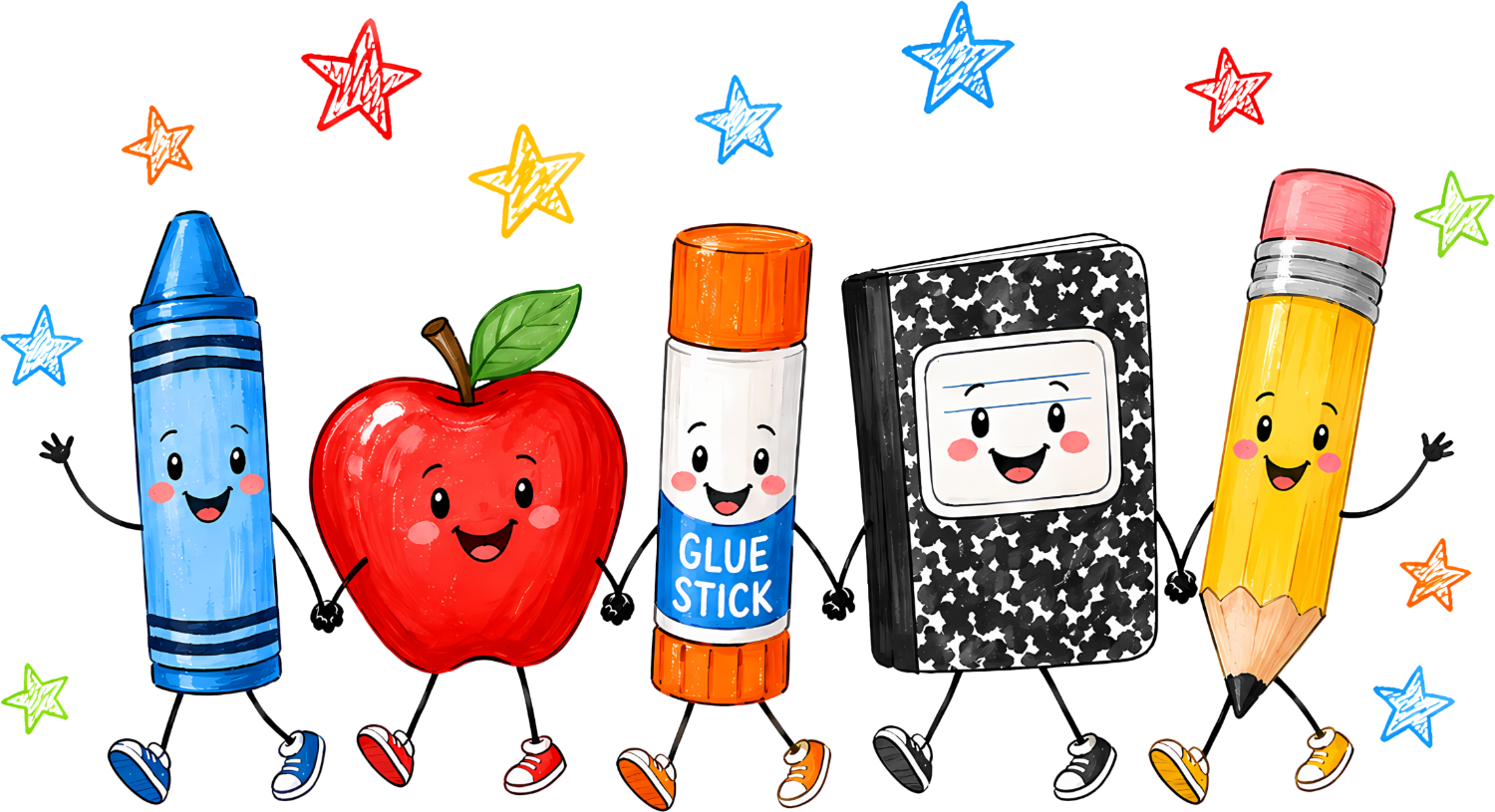 Cartoon school supply characters dancing with stars, ready to press dtf transfer design