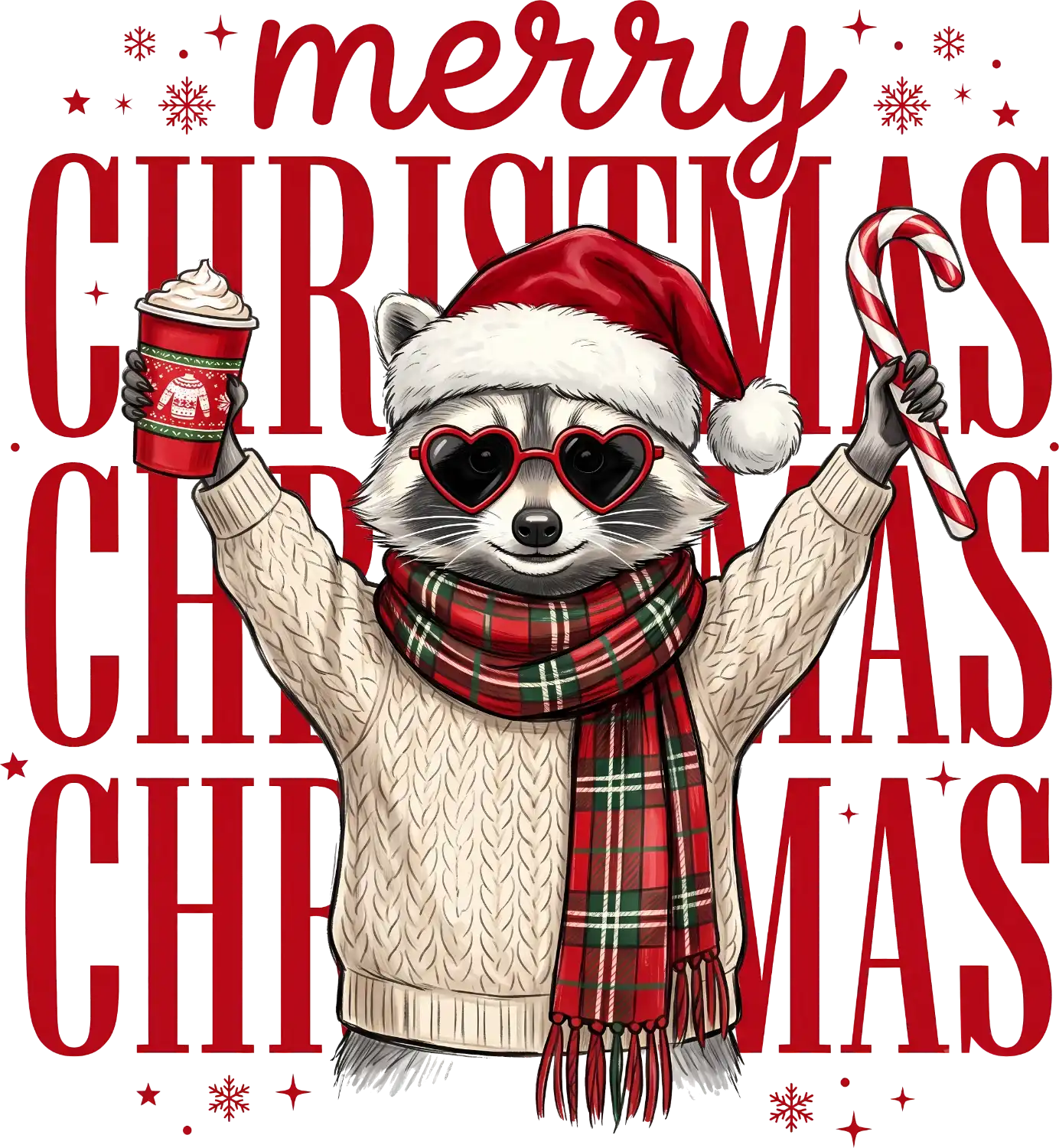 Stylish raccoon wearing Santa hat, heart-shaped sunglasses, and plaid scarf holding candy cane and hot drink, ready to press dtf transfer