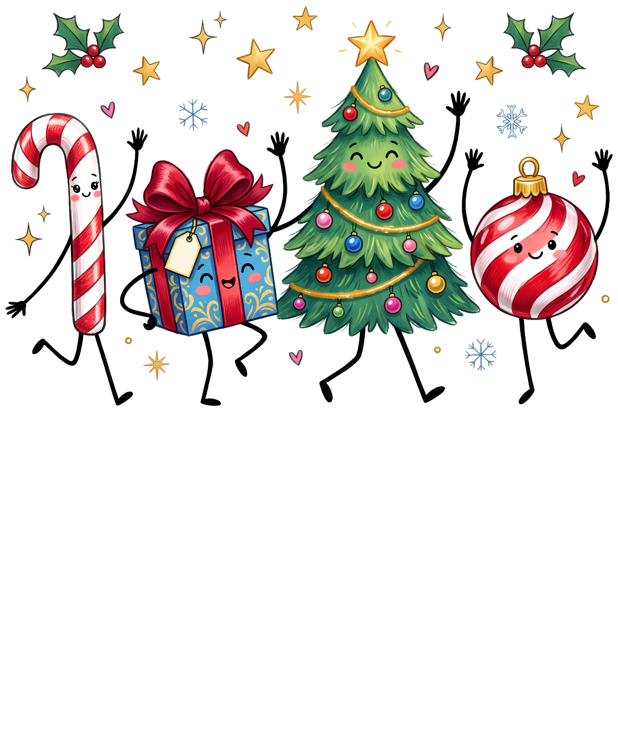 Cheerful Christmas party characters in red, green, and gold dancing together, ready to press dtf transfer design with holiday elements