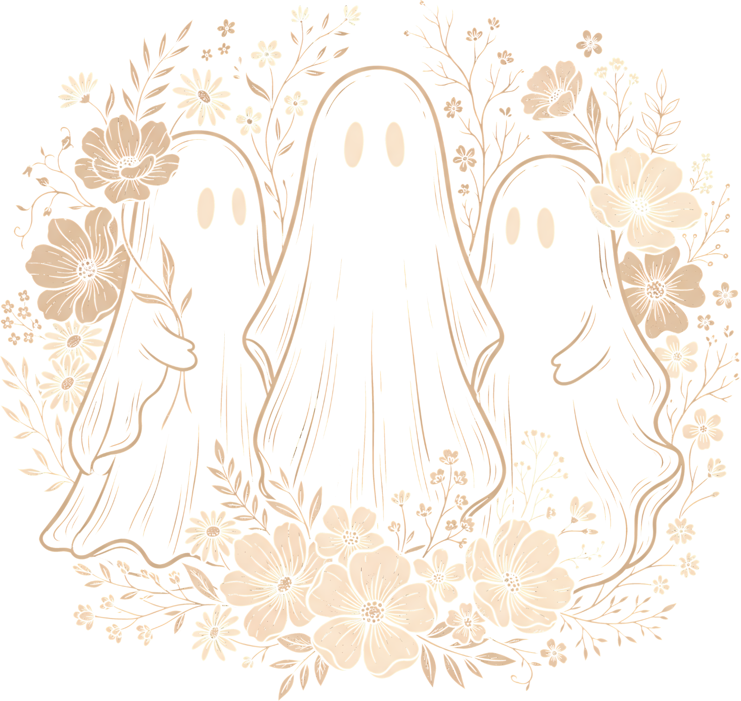Three ethereal ghosts surrounded by beige botanical florals, ready to press dtf transfer with vintage botanical illustration style