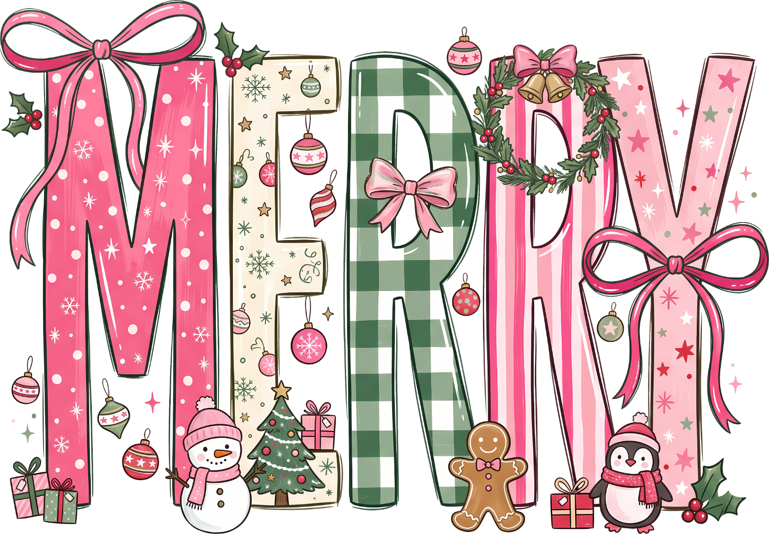 Colorful Merry Christmas design with snowman, gingerbread, penguin, wreaths, and ornaments in pink, green, and cream — ready to press dtf transfer