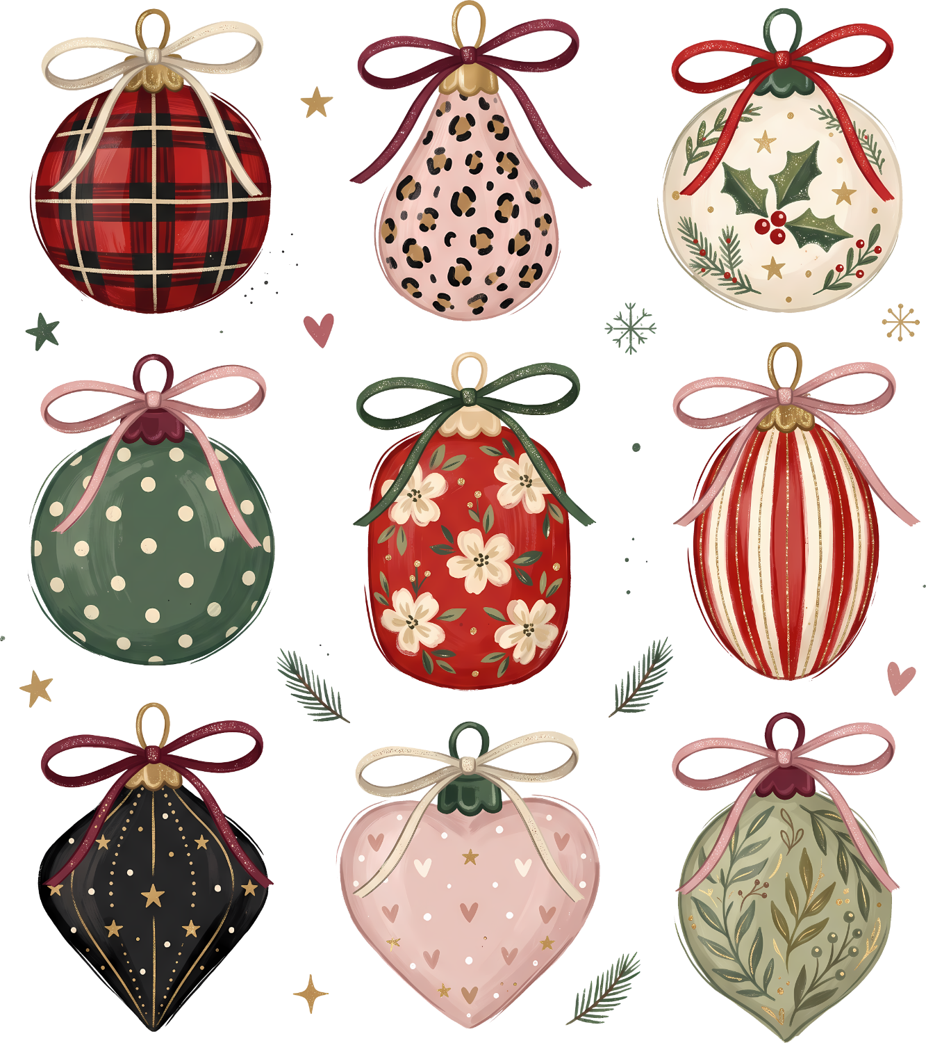 Nine decorative Christmas ornament designs in vintage style ready to press dtf transfer with plaid, leopard, floral, and striped patterns