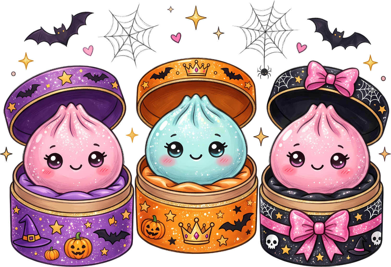 Three cute Halloween gnome characters with pink puffy bodies wearing themed hats, ready to press dtf transfer with bats and spiderwebs.