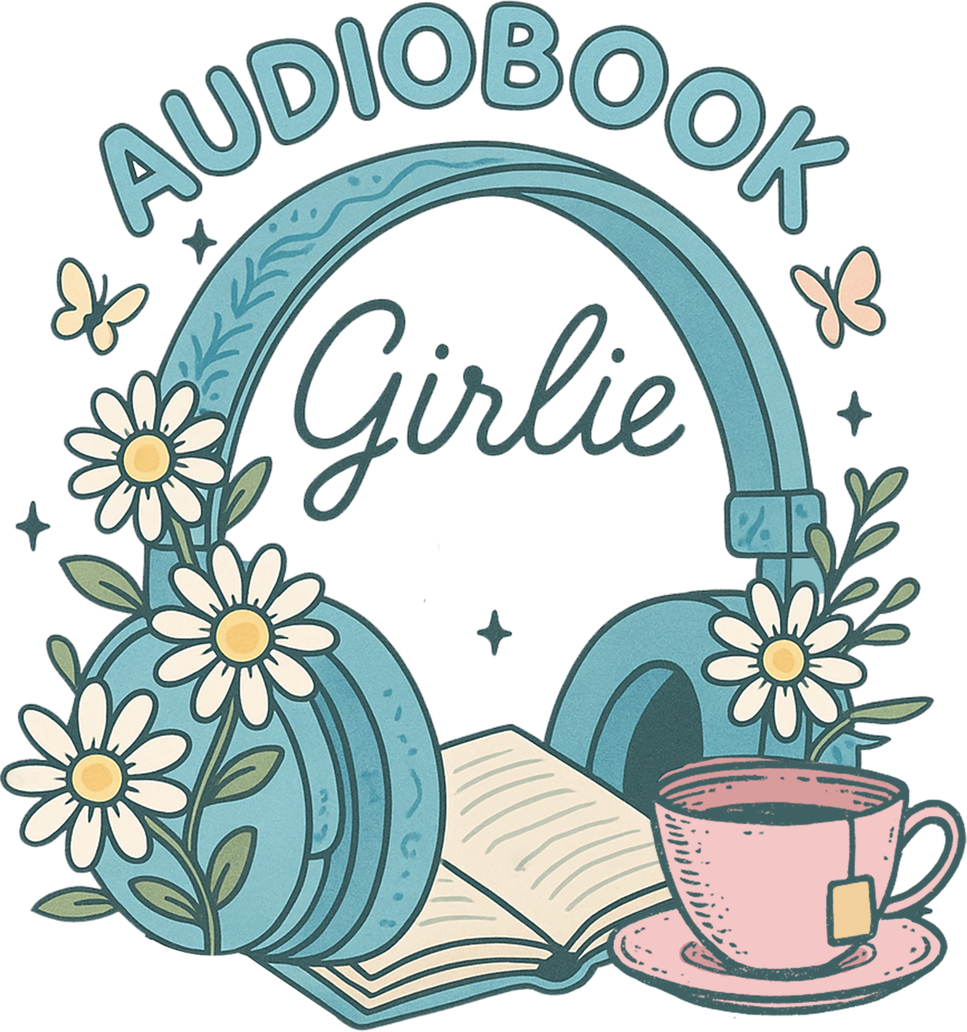 Audiobook Girlie design with blue headphones, daisies, open book and pink coffee cup, ready to press dtf transfer