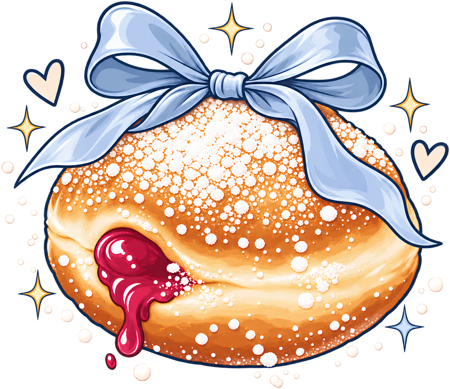 Golden glazed donut with white sprinkles, red jam filling, and periwinkle blue bow ready to press dtf transfer
