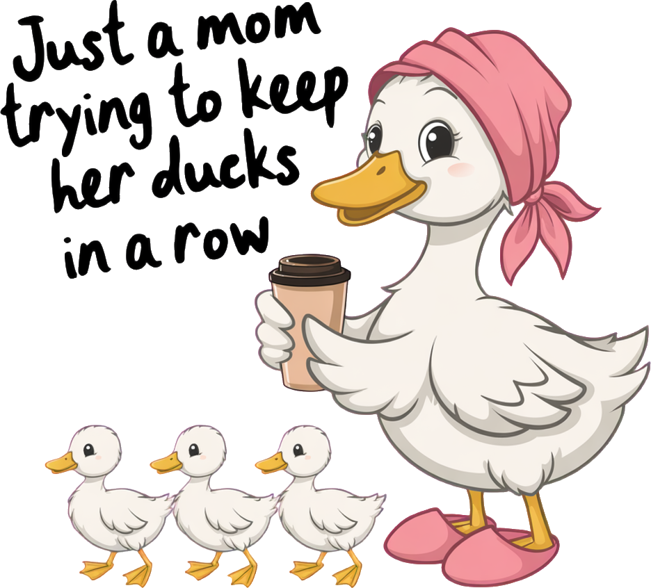 Cartoon mother duck in pink bonnet holding coffee with three baby ducklings, ready to press dtf transfer