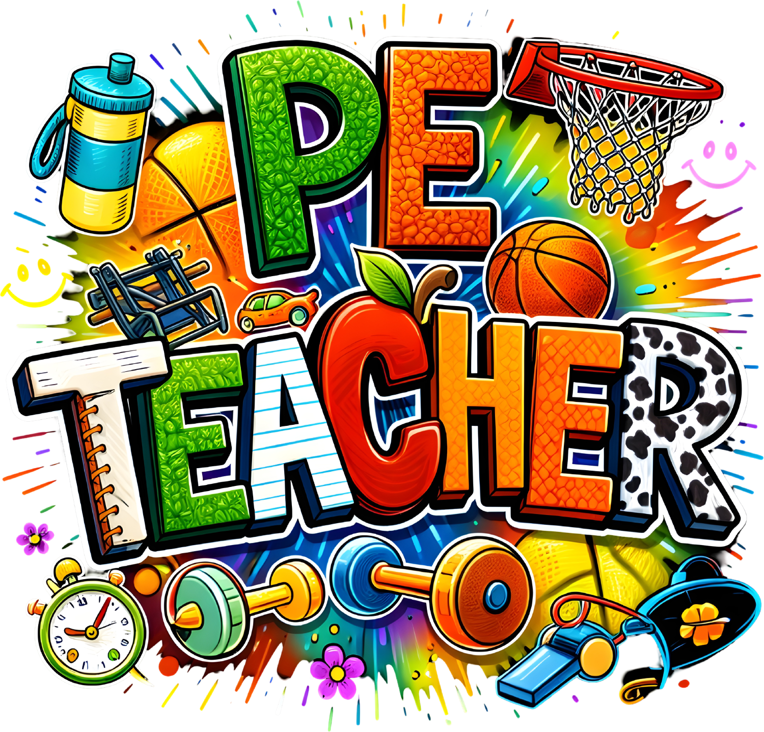 Colorful PE Teacher design with basketball, dumbbells, and sports gear ready to press dtf transfer