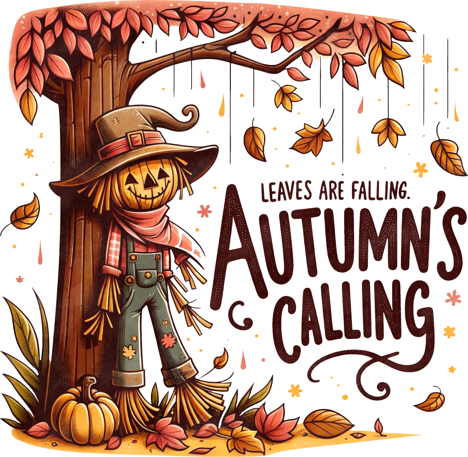 Cheerful scarecrow leaning against tree with falling autumn leaves and pumpkins, ready to press dtf transfer