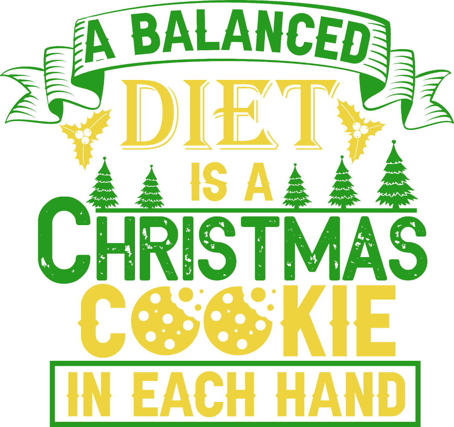 Green and yellow Christmas cookie design with holly accents and trees, ready to press dtf transfer