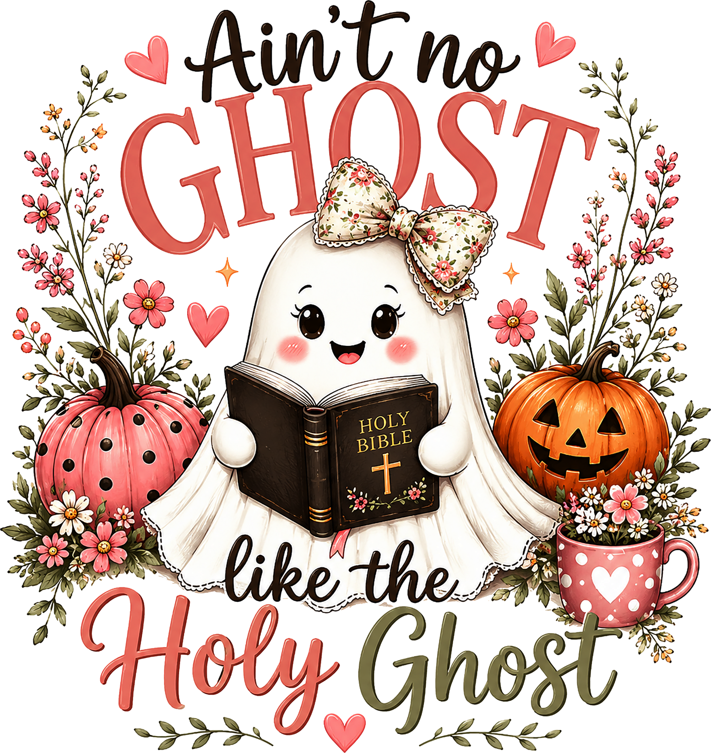Cute smiling ghost holding Holy Bible with pink pumpkins and florals, ready to press dtf transfer