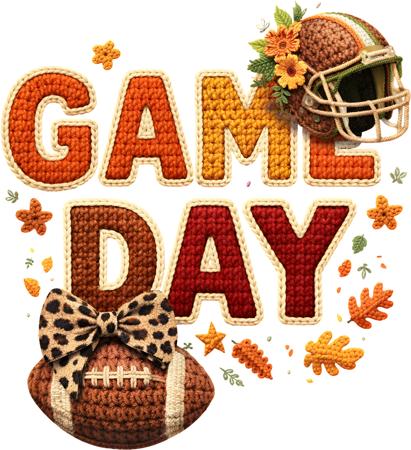 Textured Game Day design with football helmet, leopard bow, and fall florals ready to press dtf transfer