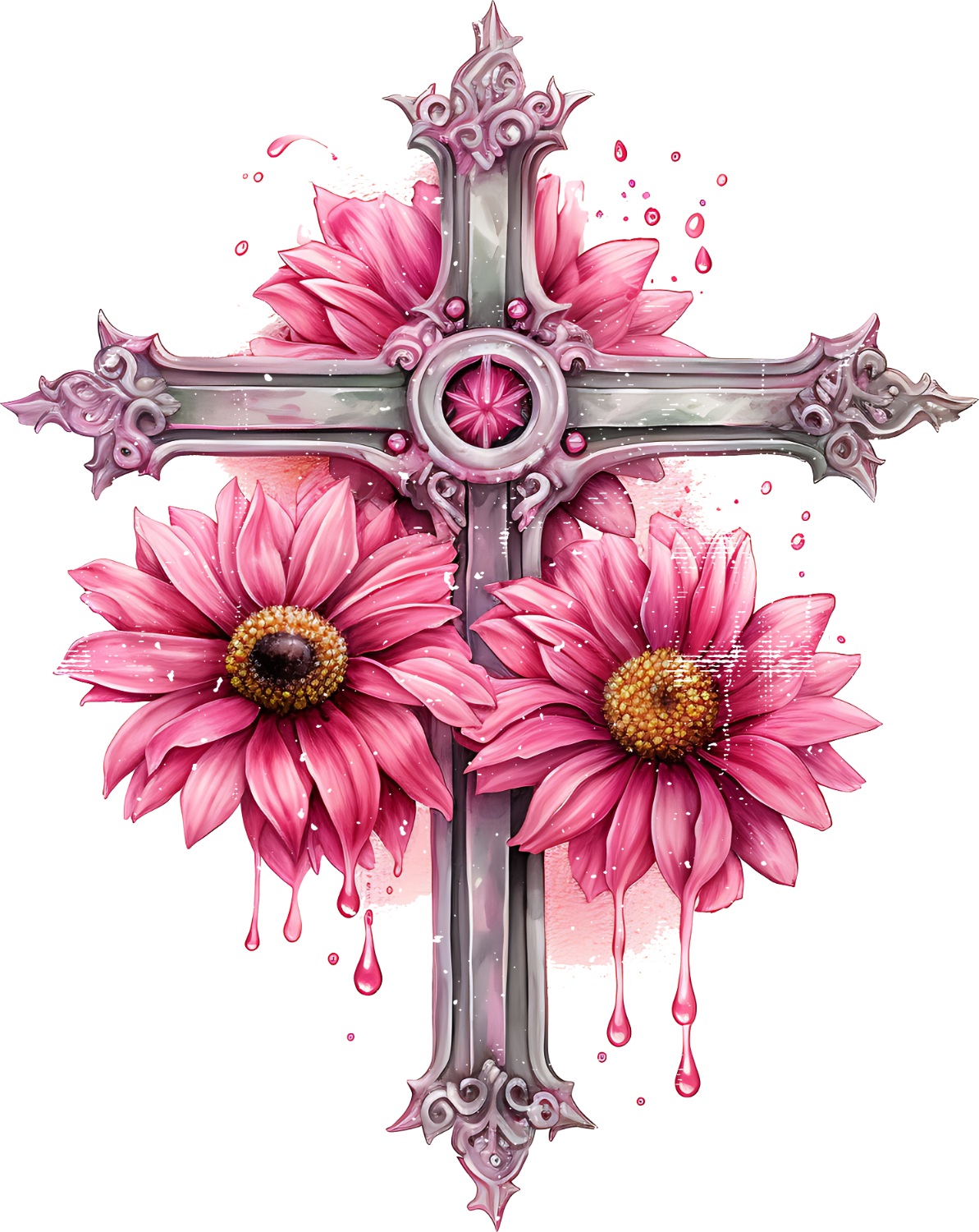 Ornate cross with pink gerbera daisies and floral elements, ready to press dtf transfer design
