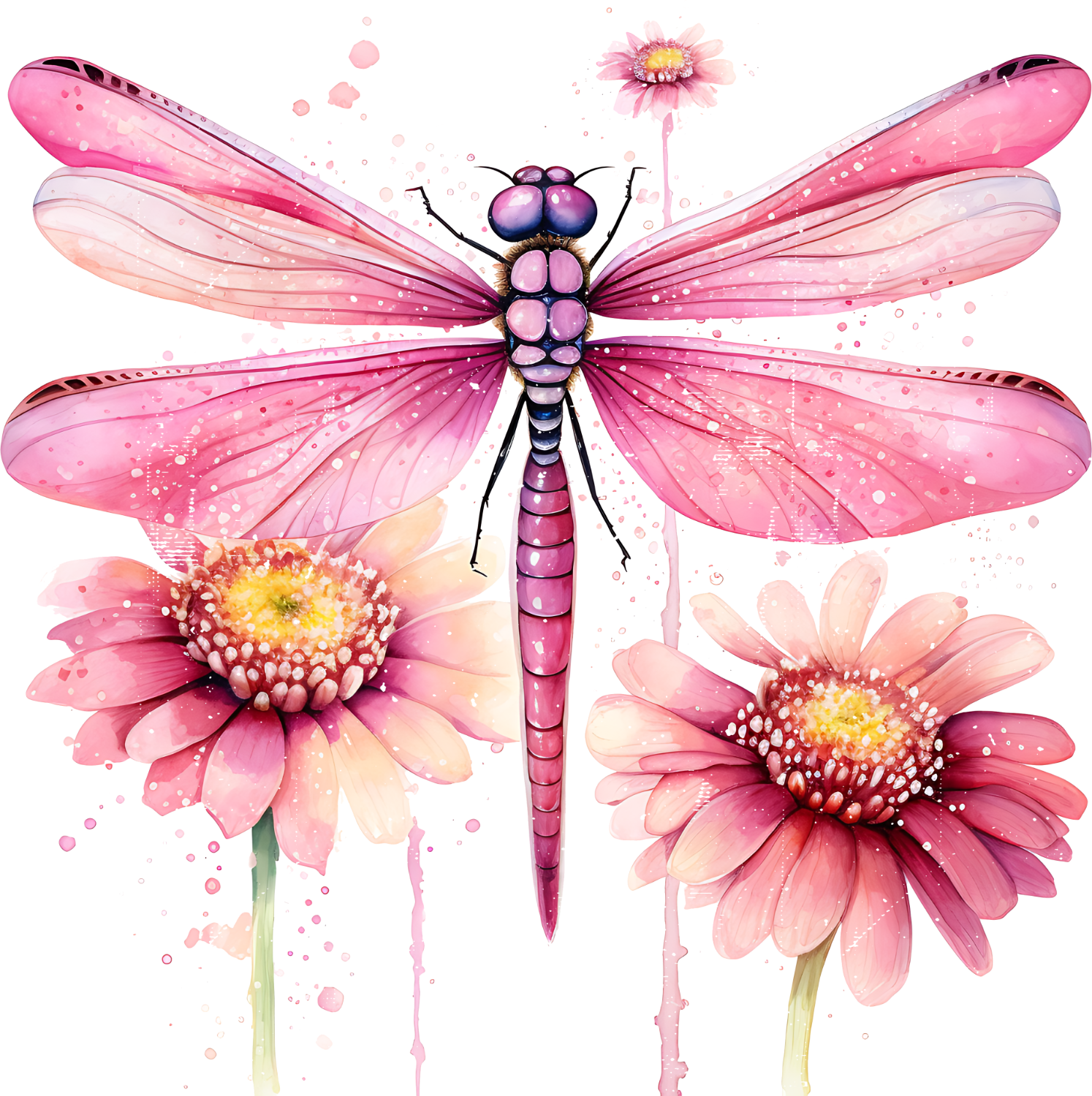 Vibrant pink dragonfly surrounded by gerbera flowers, ready to press dtf transfer with watercolor splash effect