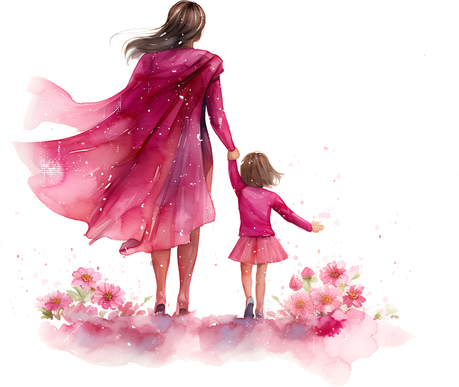 Mother and daughter in matching pink dresses holding hands with flowers, ready to press dtf transfer