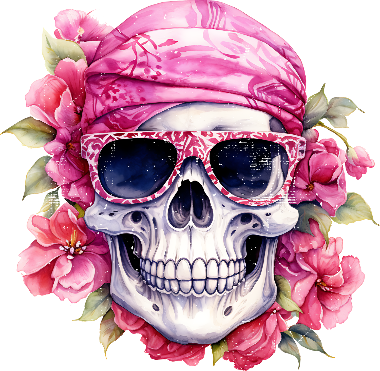 Skull wearing pink patterned sunglasses surrounded by vibrant pink peonies, ready to press dtf transfer