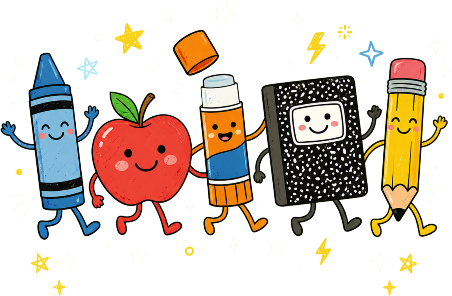 Colorful cartoon characters including crayon, apple, marker, notebook and pencil smiling and celebrating, ready to press dtf transfer