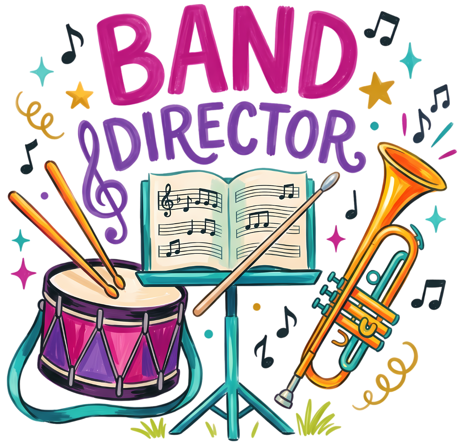 Colorful Band Director design with drum, trumpet, sheet music, and musical notes - ready to press dtf transfer