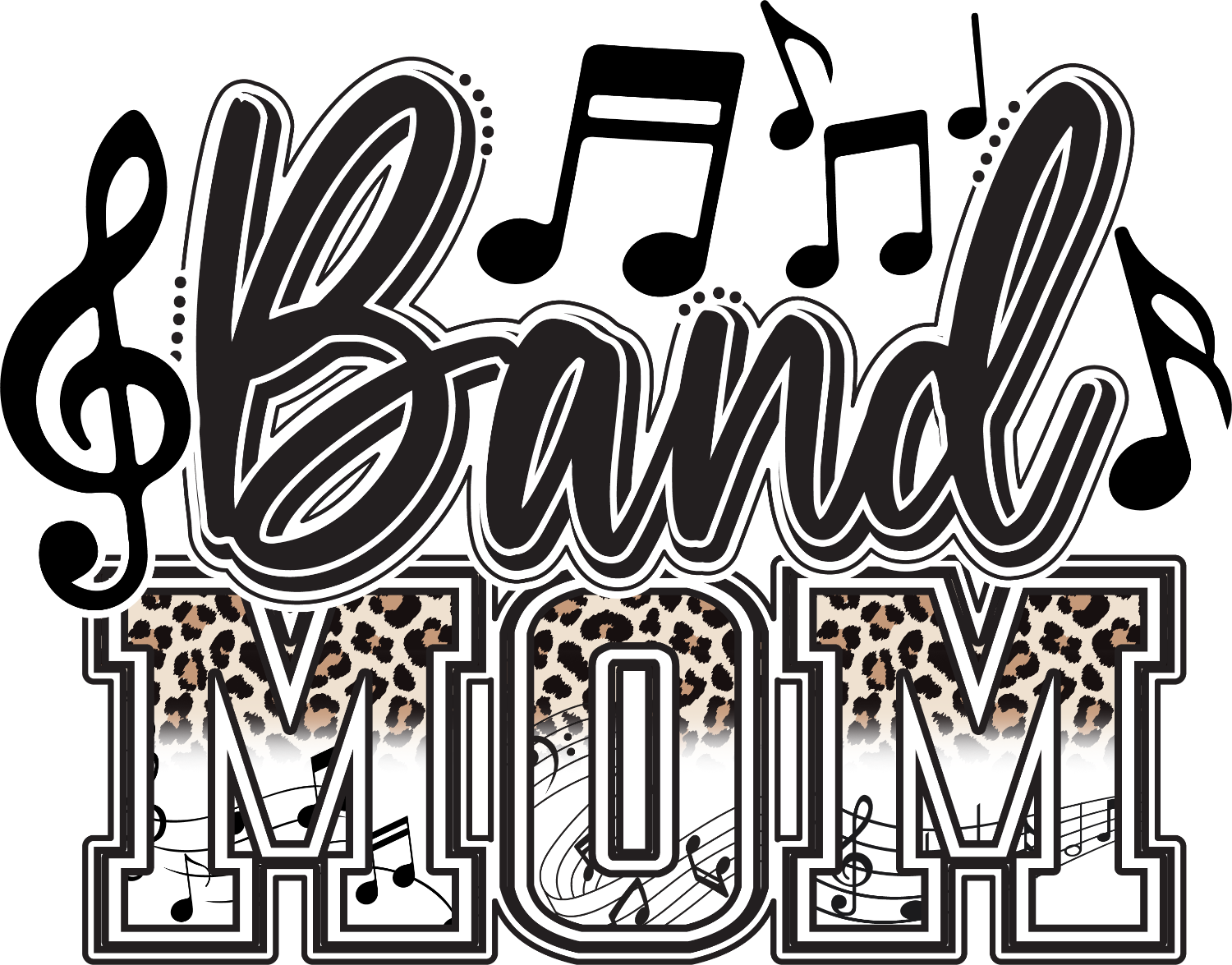 Black and tan leopard print band mom design with musical notes and treble clef, ready to press dtf transfer