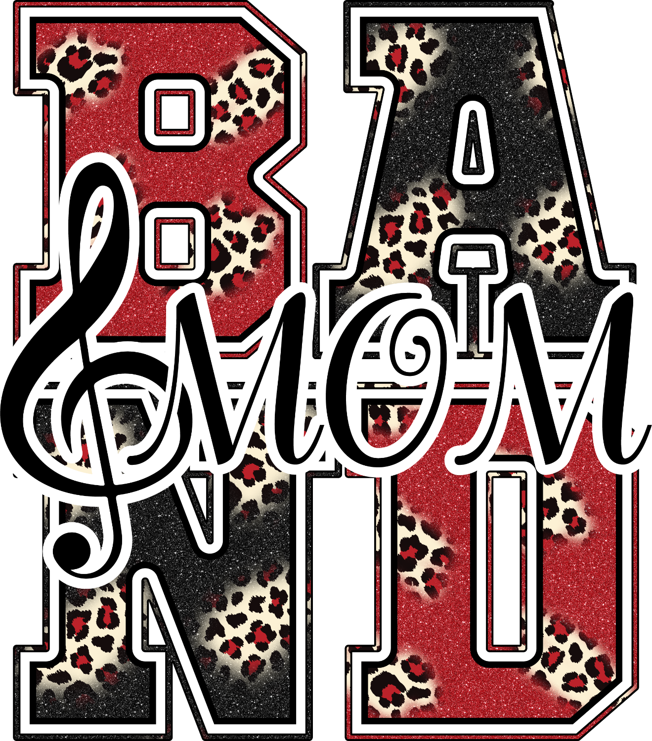 Red and black leopard print band logo design, ready to press dtf transfer with musical note elements
