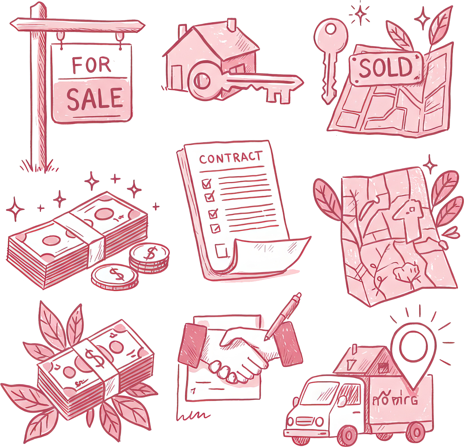 Pink line art real estate business icons including house, keys, contract, sold sign and map ready to press dtf transfer