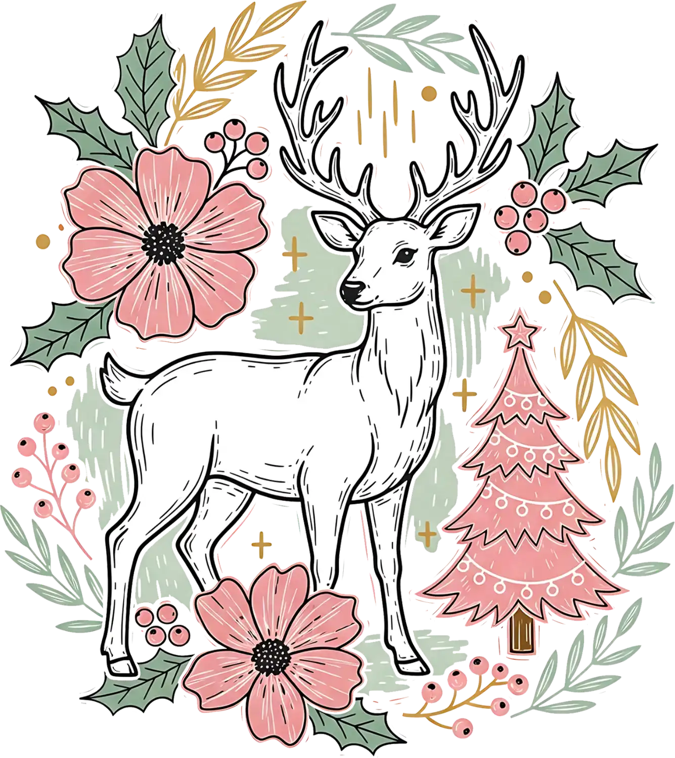 Ready to press DTF transfer featuring a line art deer with antlers surrounded by pink flowers, holly, and a decorated Christmas tree.