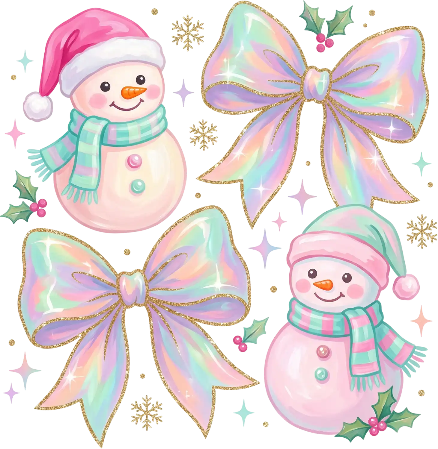 Pastel pink snowman with striped scarf and iridescent rainbow bows ready to press dtf transfer