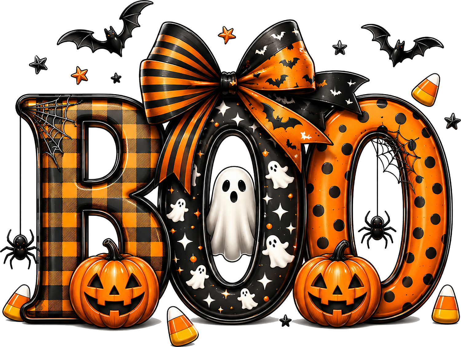 Colorful BOO Halloween design with jack-o'-lanterns, ghosts, bats, and candy corn ready to press dtf transfer