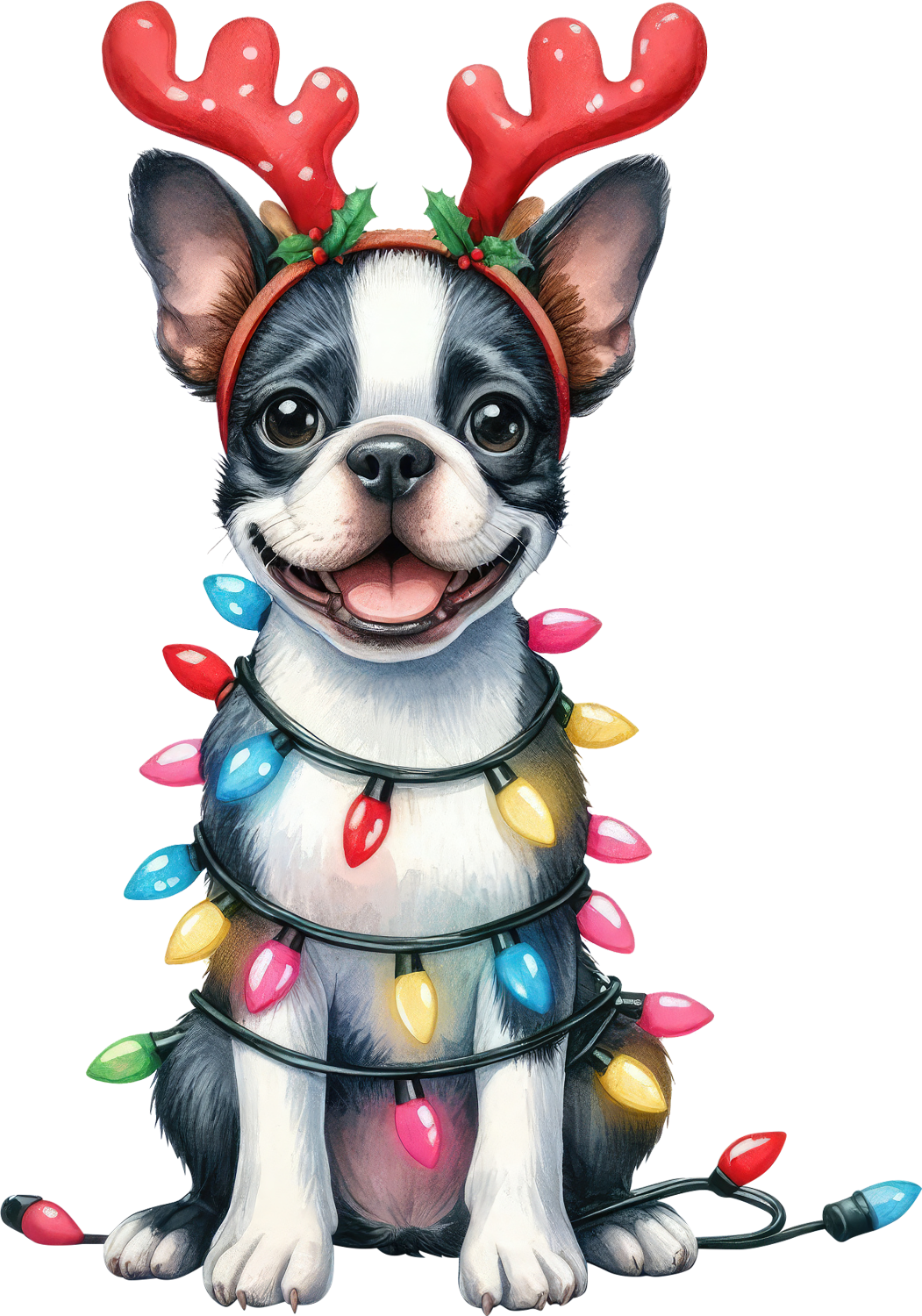 Smiling Boston Terrier wearing red reindeer antlers and colorful Christmas lights, ready to press dtf transfer