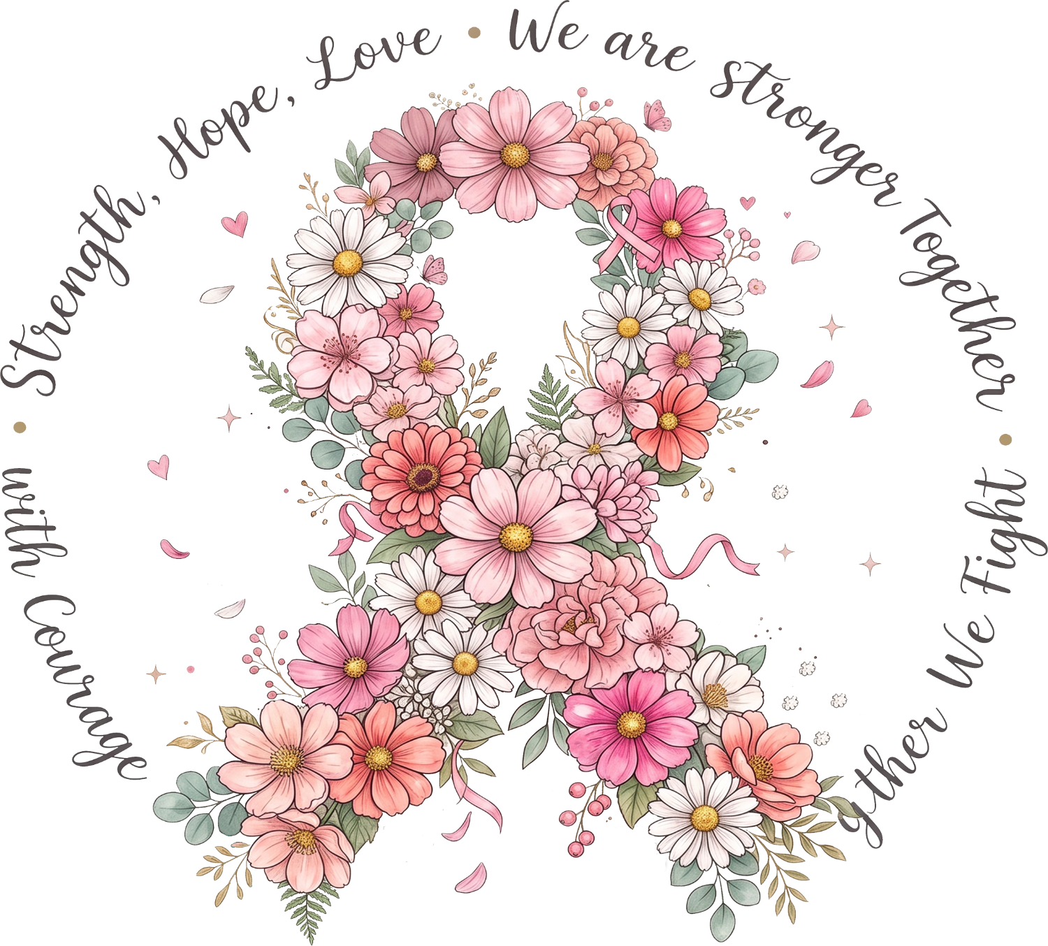 Pink and white daisy flowers with inspirational text in a wreath design, ready to press dtf transfer