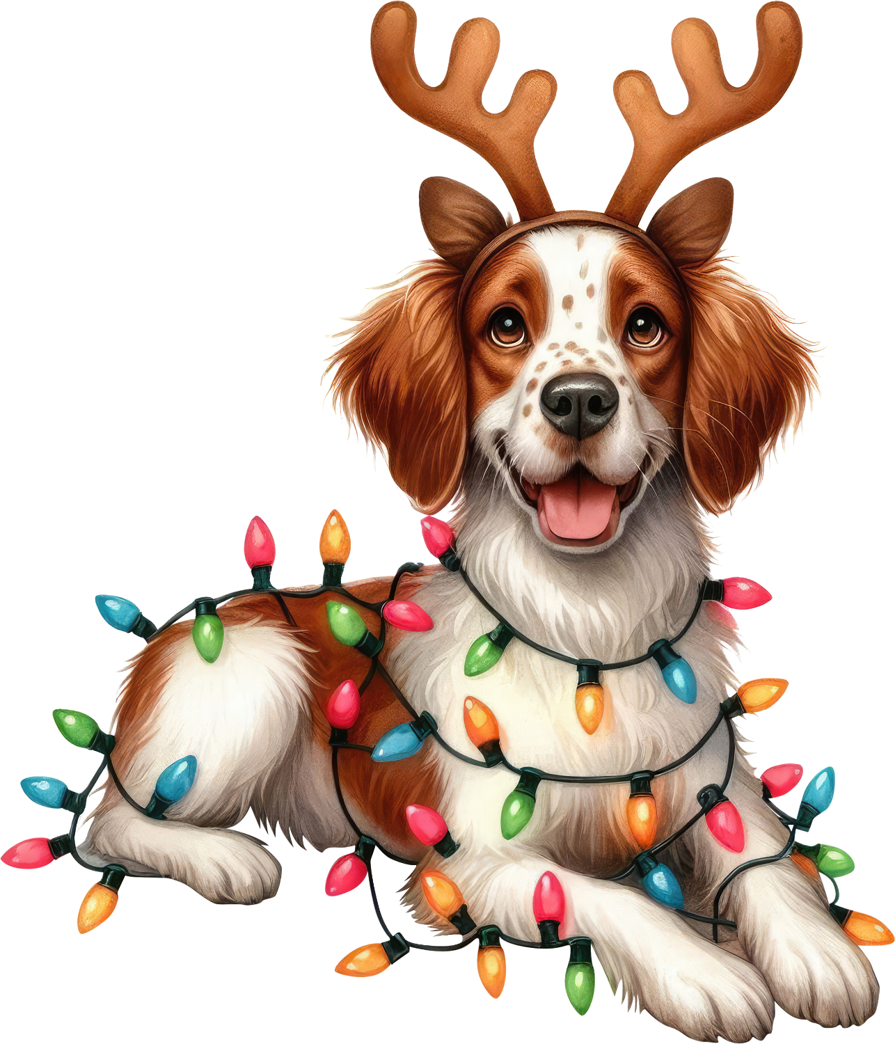 Happy spaniel dog wearing reindeer antlers and wrapped in colorful Christmas lights, ready to press dtf transfer