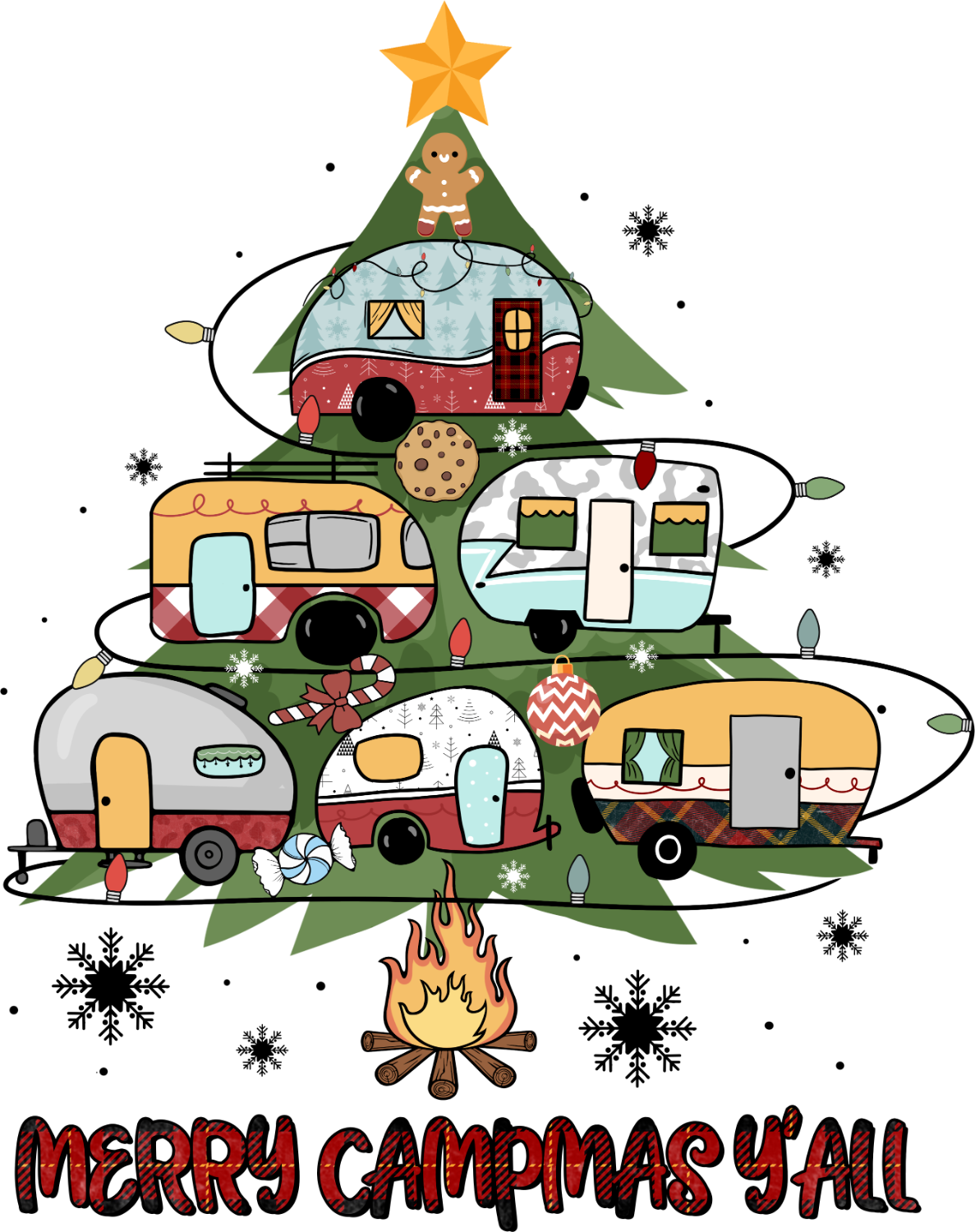 Merry Campmas design with stacked vintage campers, gingerbread man, campfire, and snowflakes, ready to press dtf transfer
