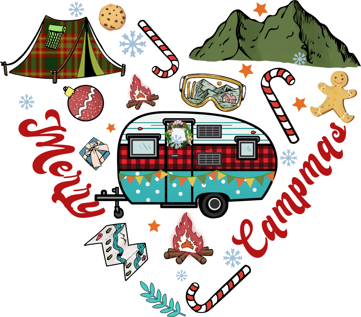 Colorful holiday camping scene with plaid tent, vintage trailer, mountains and festive icons—ready to press dtf transfer.
