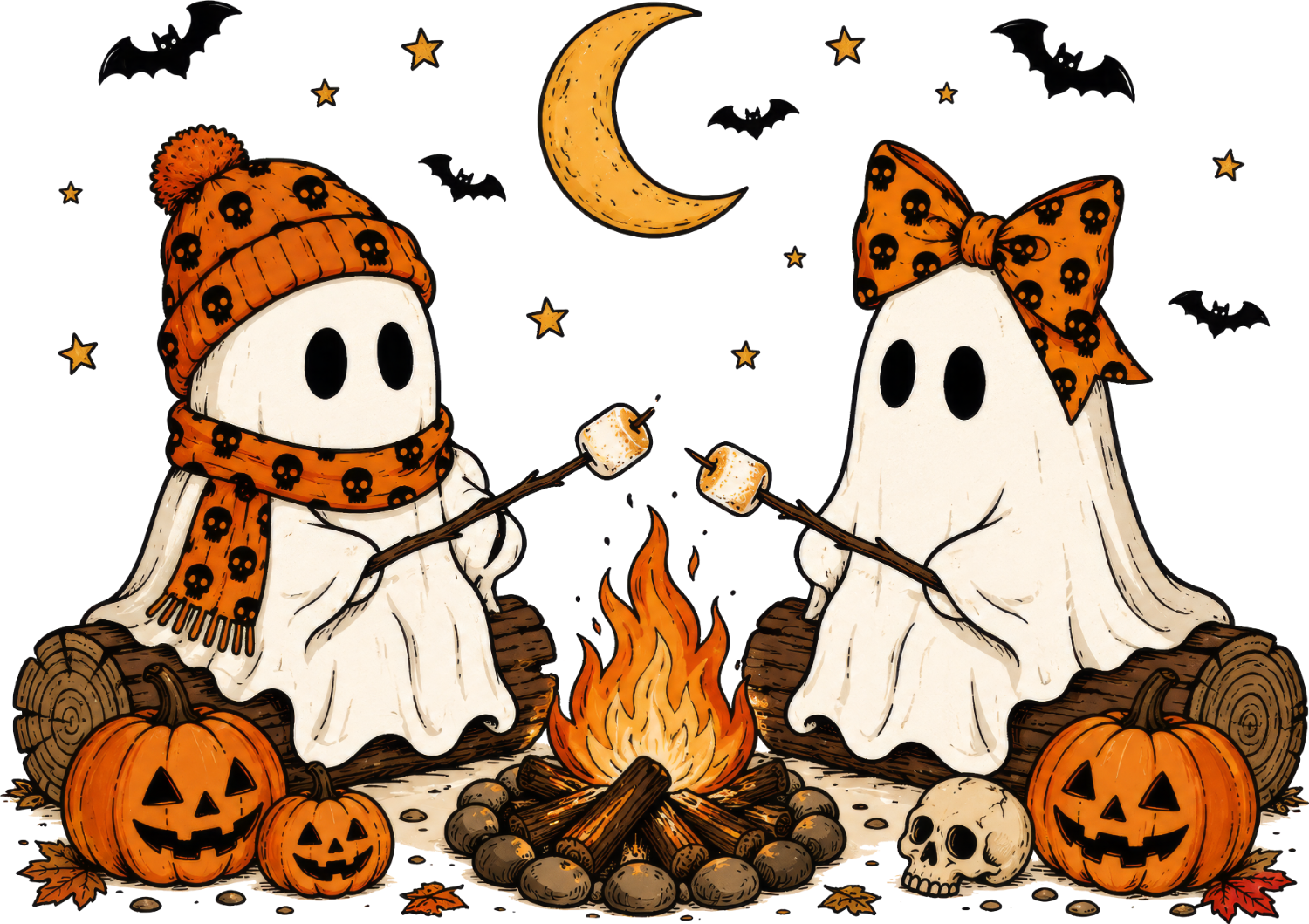Two cute ghosts in orange skull pattern clothing roasting marshmallows by a campfire, ready to press dtf transfer