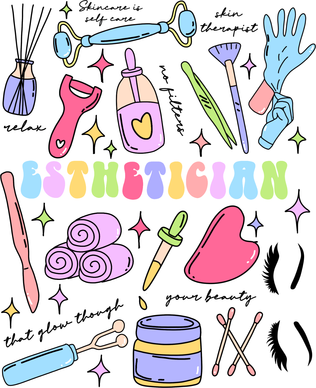Colorful skincare and self-care beauty routine illustration ready to press dtf transfer with spa tools and affirmations
