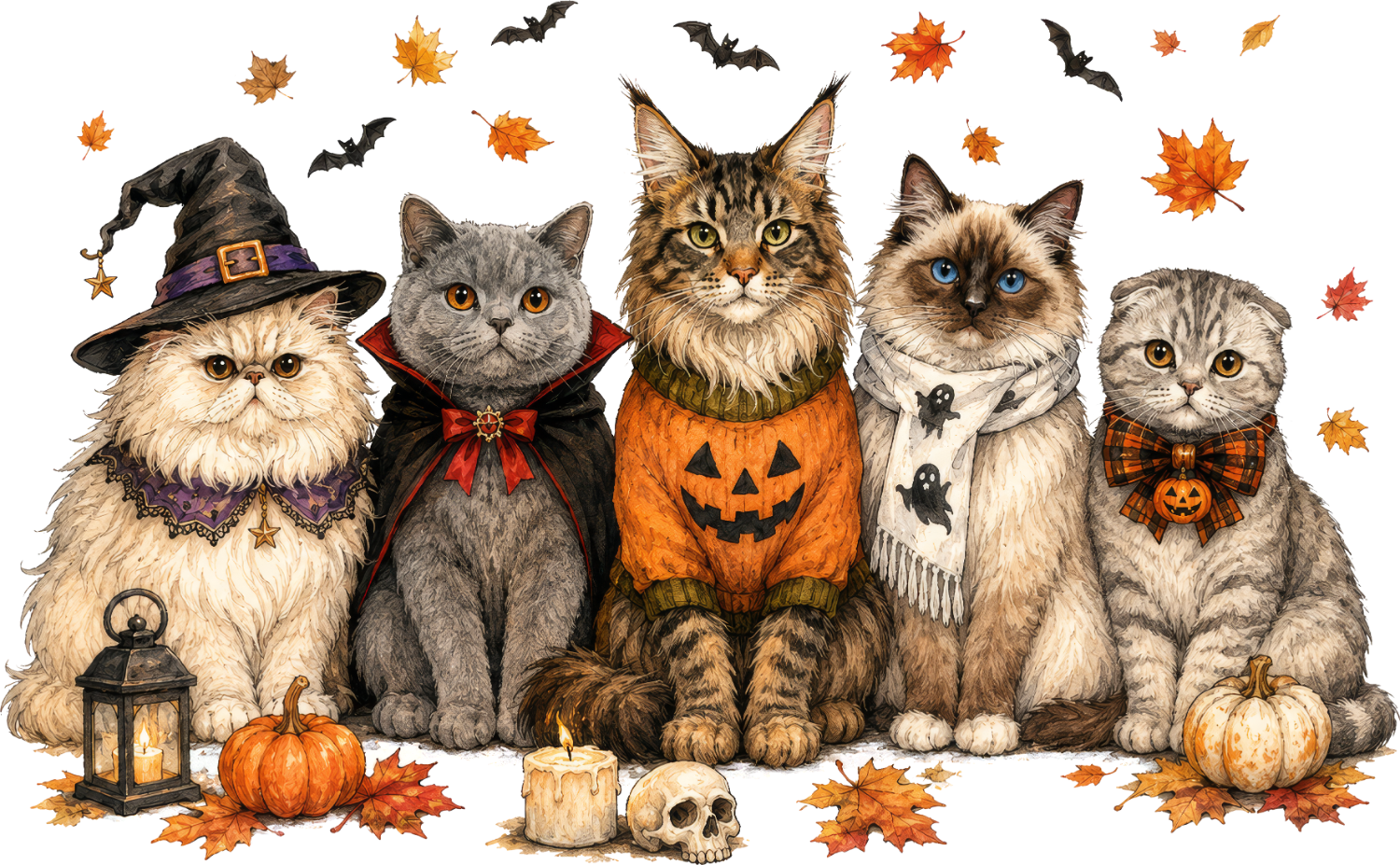 Five festive cats wearing Halloween costumes including witch hat, vampire cape, and pumpkin outfit, ready to press dtf transfer with fall leaves and bats